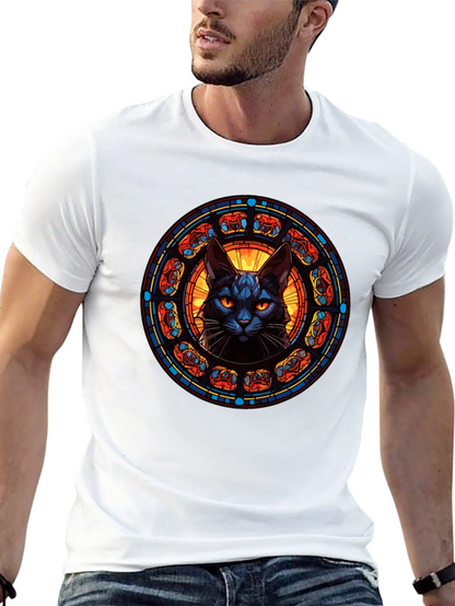 Stained Glass Cat T-Shirt - Gothic Feline Design