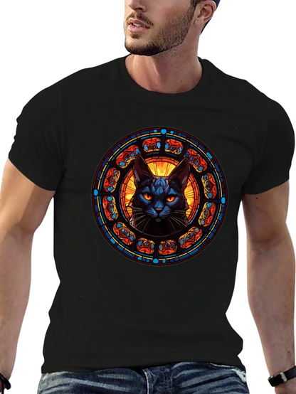 Stained Glass Cat T-Shirt - Gothic Feline Design