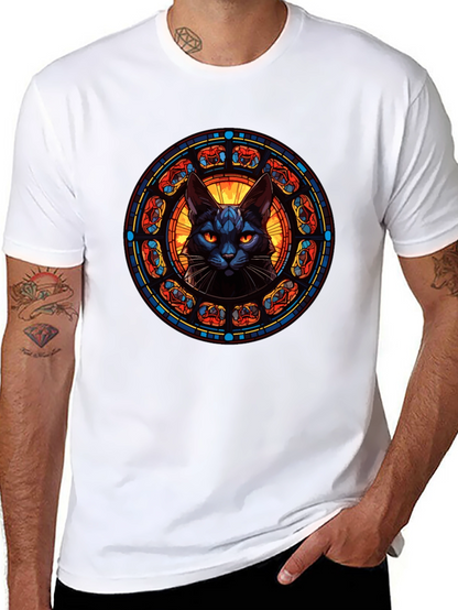 Stained Glass Cat T-Shirt - Gothic Feline Design