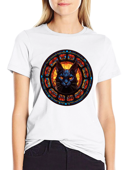 Stained Glass Cat T-Shirt - Gothic Feline Design