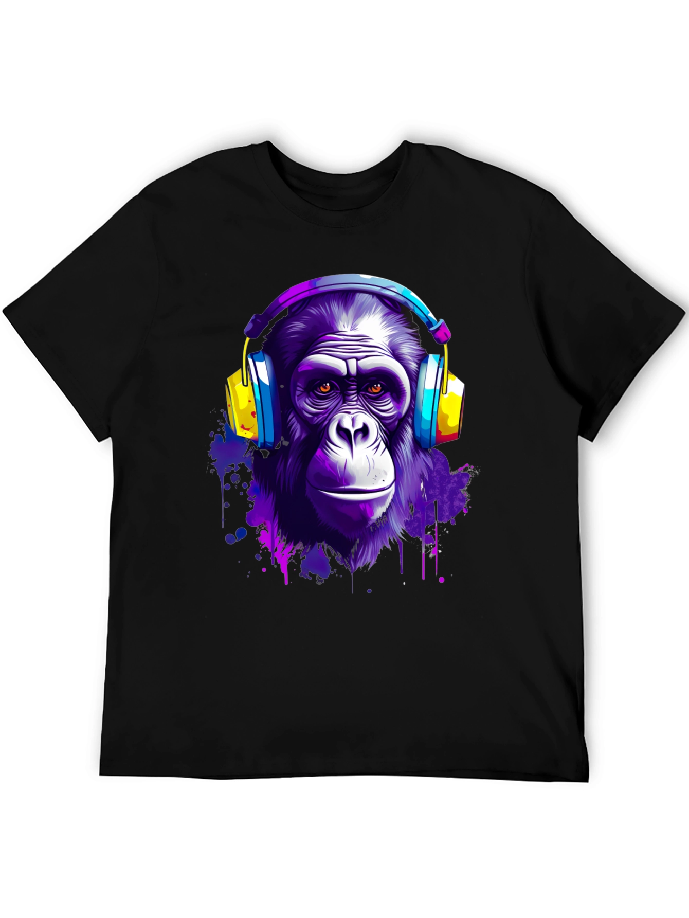 Cool Ape with Headphones Black T-Shirt