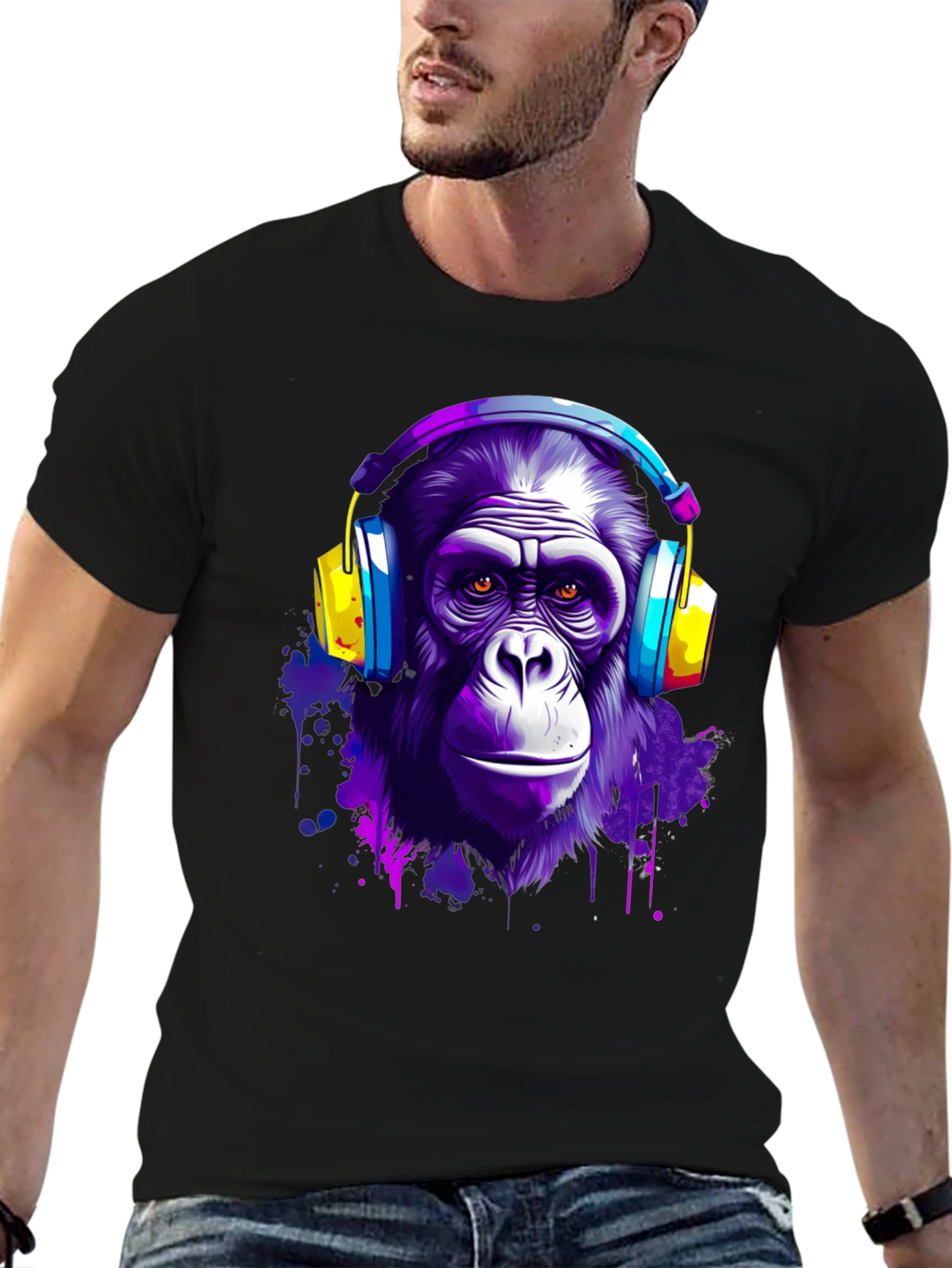 Cool Ape with Headphones Black T-Shirt