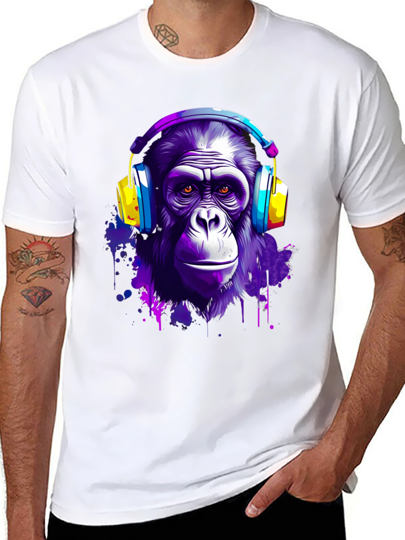 Cool Ape with Headphones Black T-Shirt