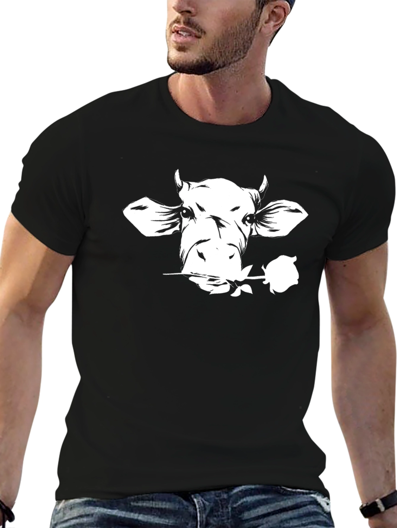 Cow with Rose Graphic Tee - Black Unisex T-Shirt