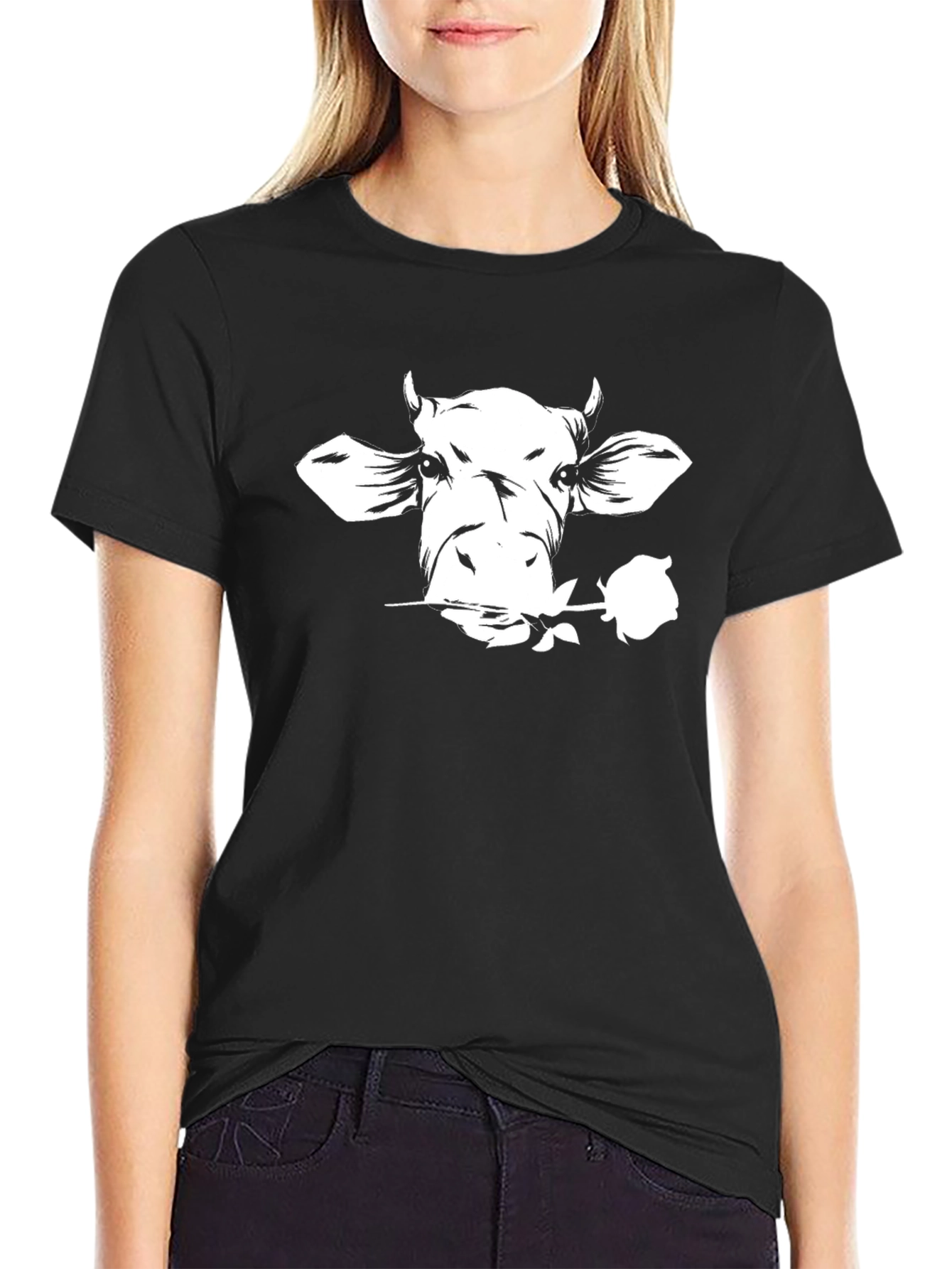 Cow with Rose Graphic Tee - Black Unisex T-Shirt