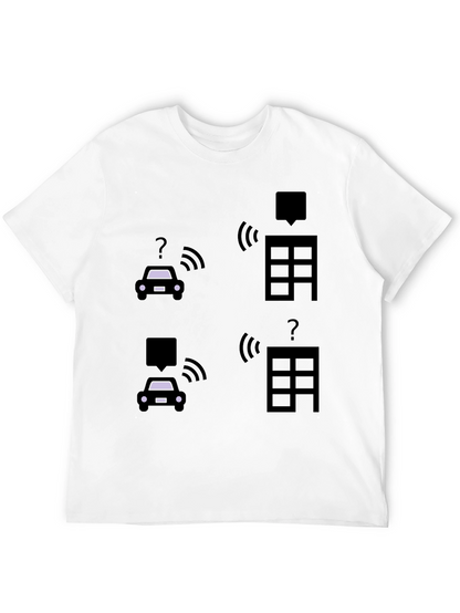 Tech-Savvy Black T-Shirt with Smart Car & Building Graphic