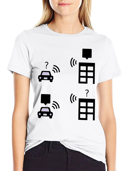 Tech-Savvy Black T-Shirt with Smart Car & Building Graphic