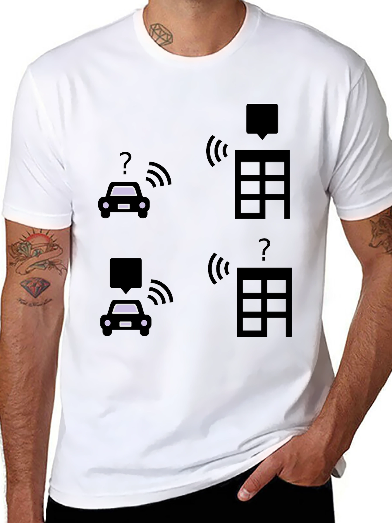 Tech-Savvy Black T-Shirt with Smart Car & Building Graphic