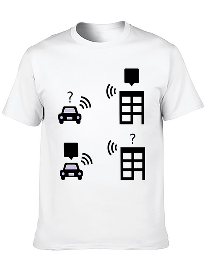 Tech-Savvy Black T-Shirt with Smart Car & Building Graphic