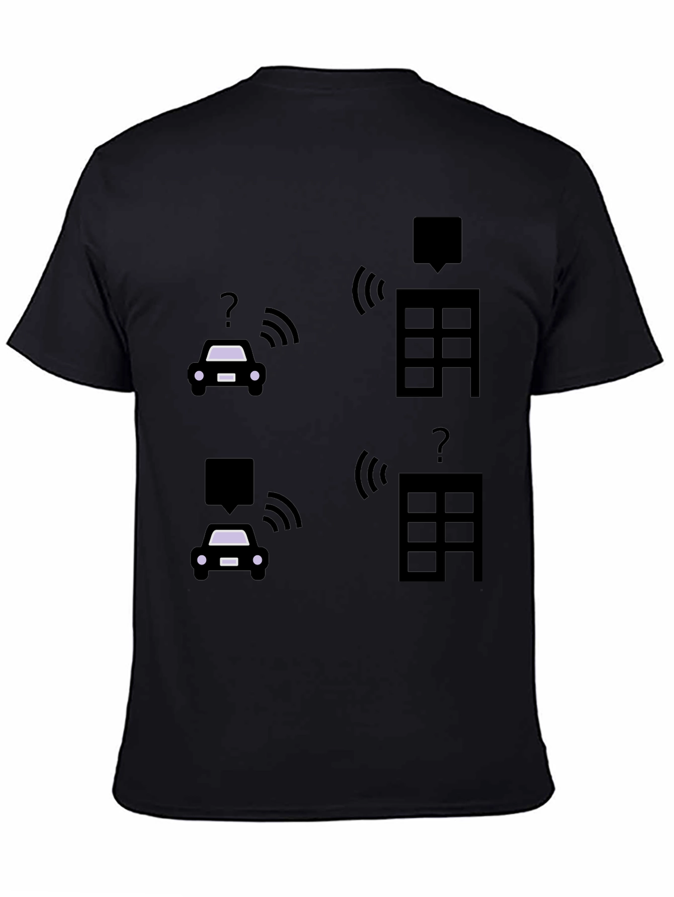 Tech-Savvy Black T-Shirt with Smart Car & Building Graphic