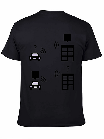 Tech-Savvy Black T-Shirt with Smart Car & Building Graphic