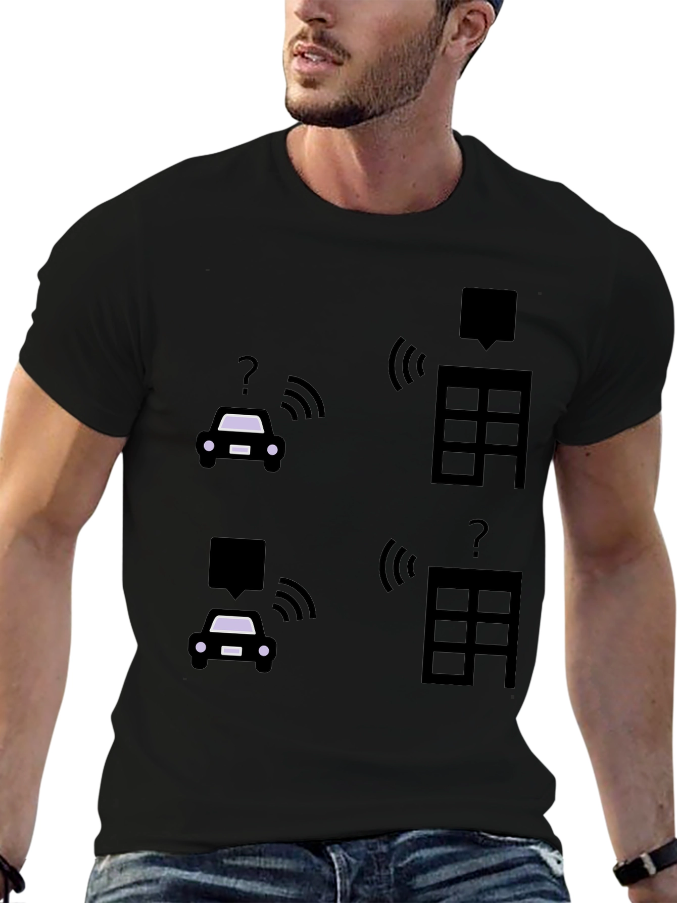 Tech-Savvy Black T-Shirt with Smart Car & Building Graphic