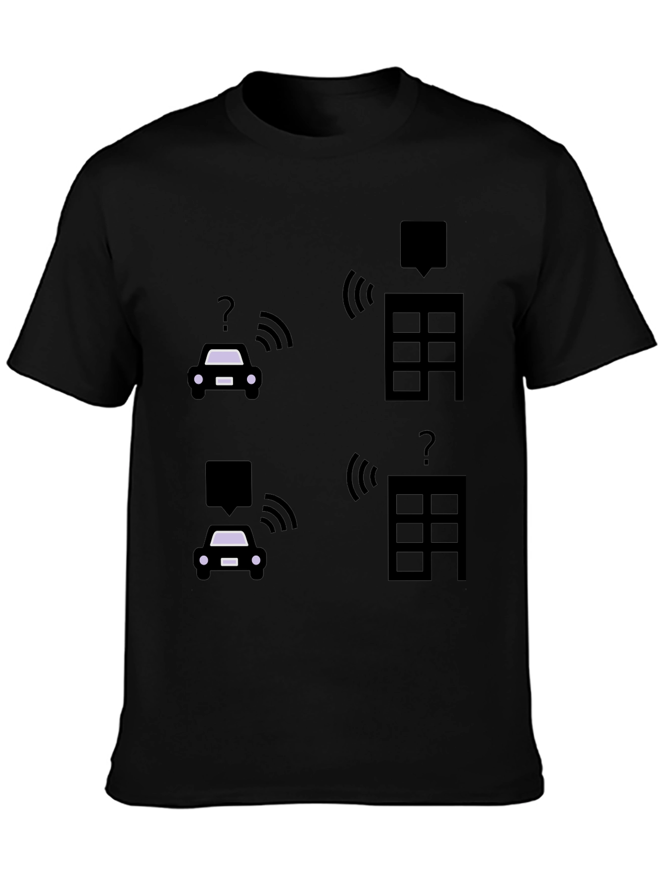 Tech-Savvy Black T-Shirt with Smart Car & Building Graphic