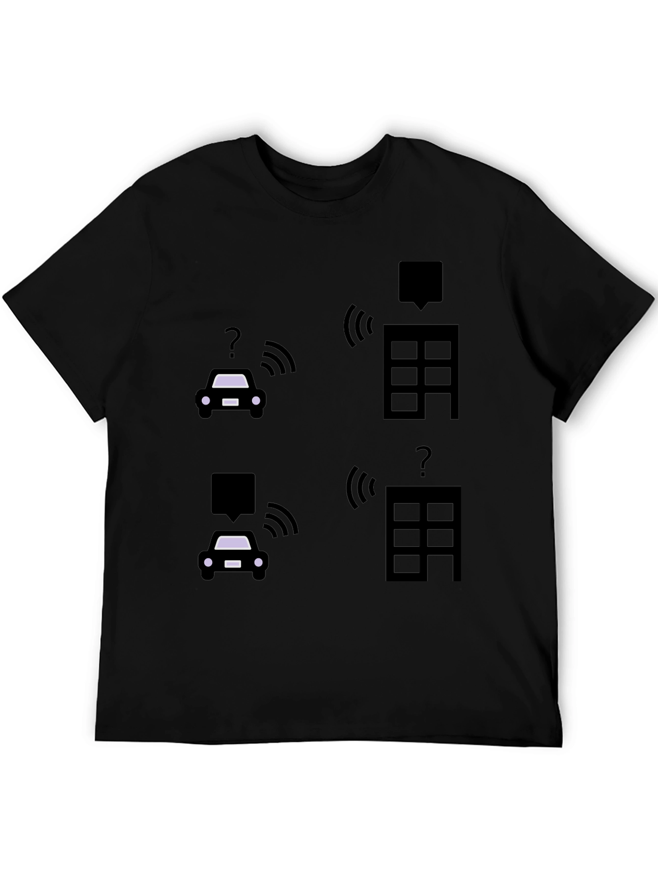 Tech-Savvy Black T-Shirt with Smart Car & Building Graphic