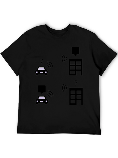 Tech-Savvy Black T-Shirt with Smart Car & Building Graphic