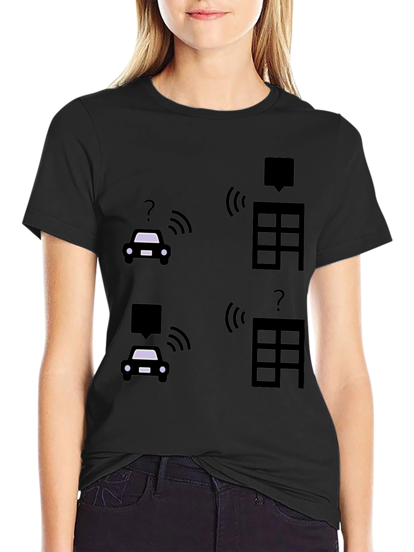 Tech-Savvy Black T-Shirt with Smart Car & Building Graphic