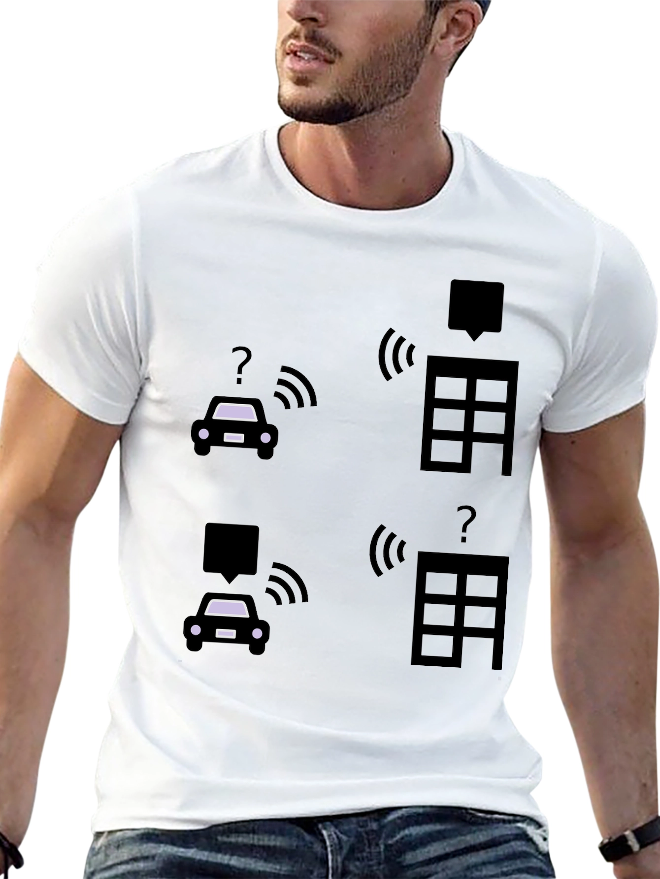 Tech-Savvy Black T-Shirt with Smart Car & Building Graphic