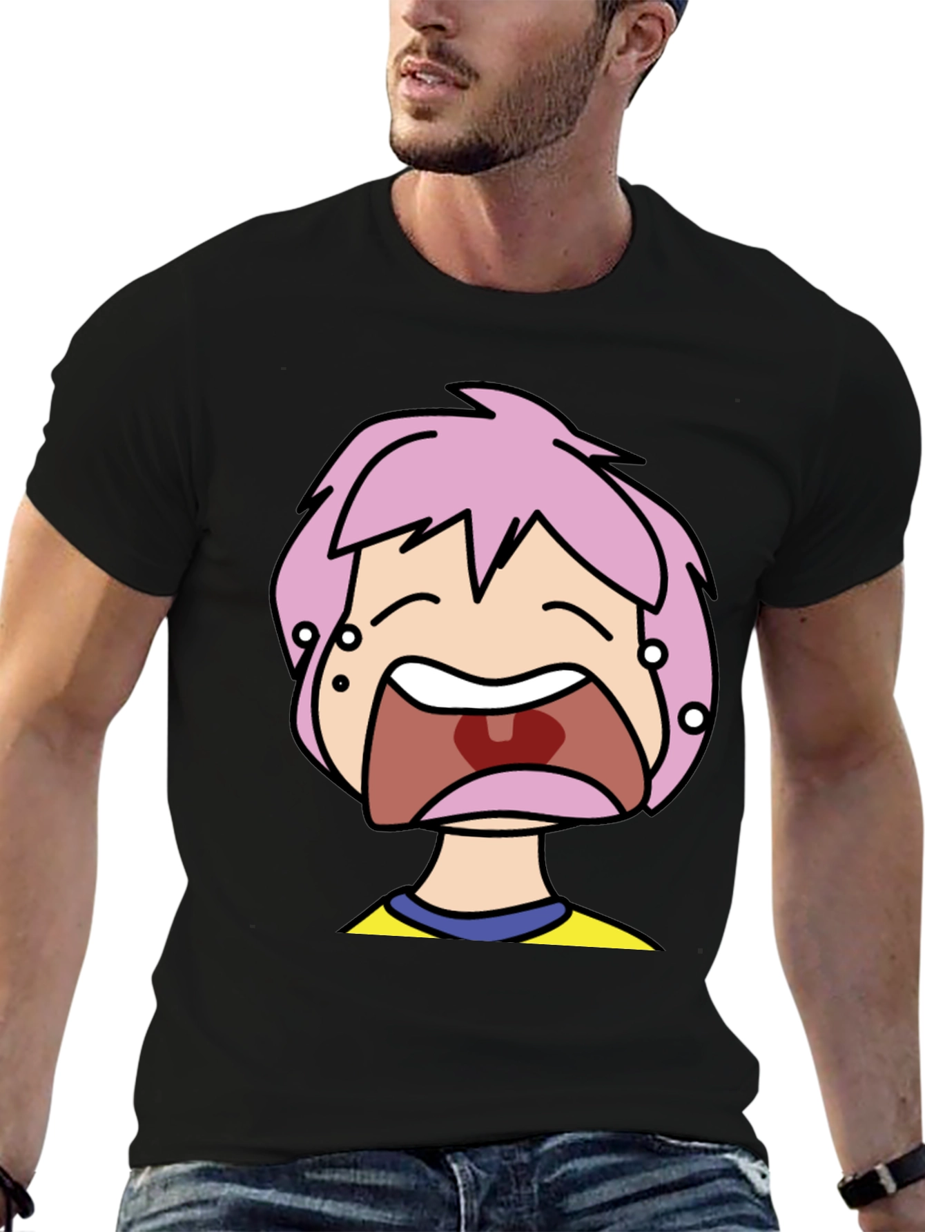 Pink Hair Cartoon Black T-Shirt