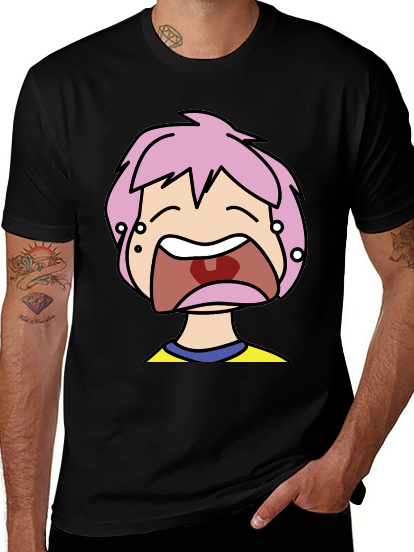 Pink Hair Cartoon Black T-Shirt