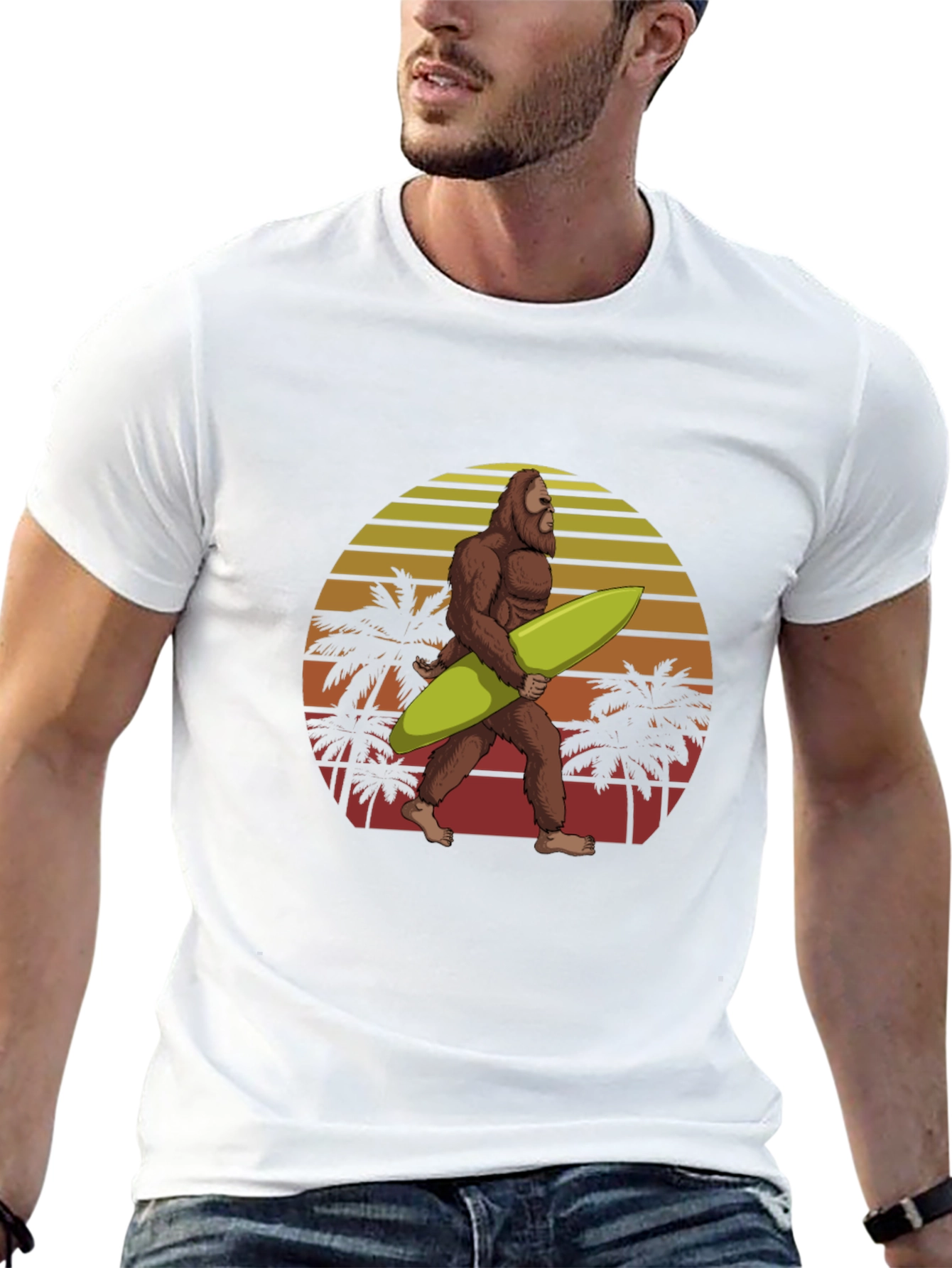 Bigfoot Surfing T-Shirt Retro Sunset Graphic Tee