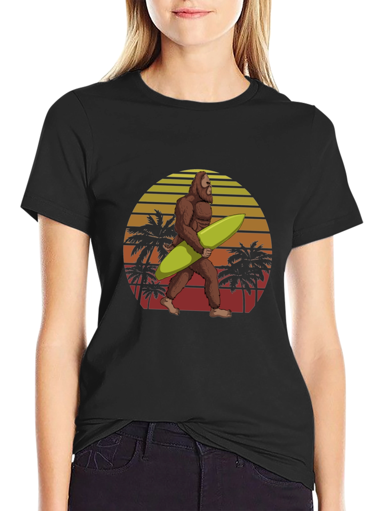 Bigfoot Surfing T-Shirt Retro Sunset Graphic Tee