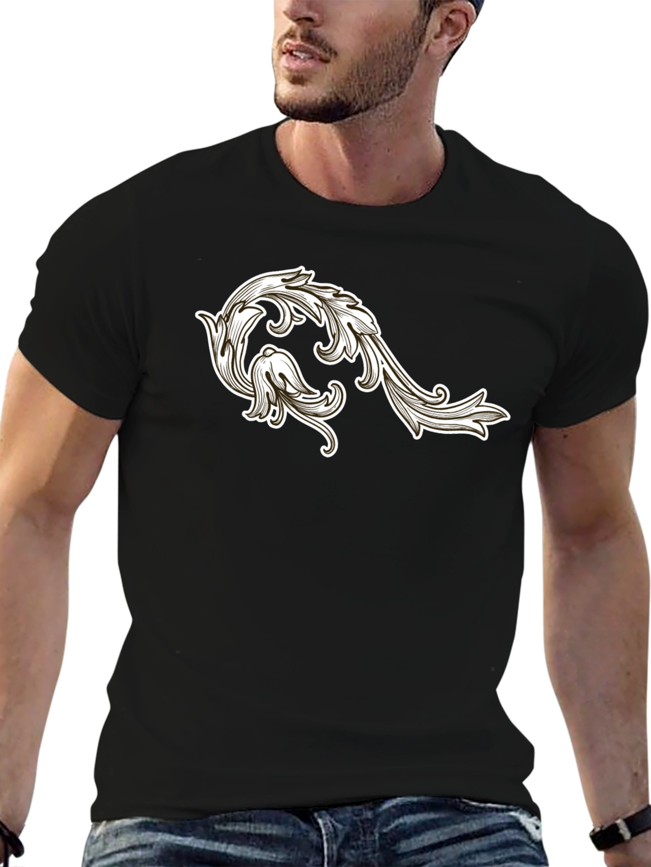 Mens Black T-Shirt with Floral Ornament Design