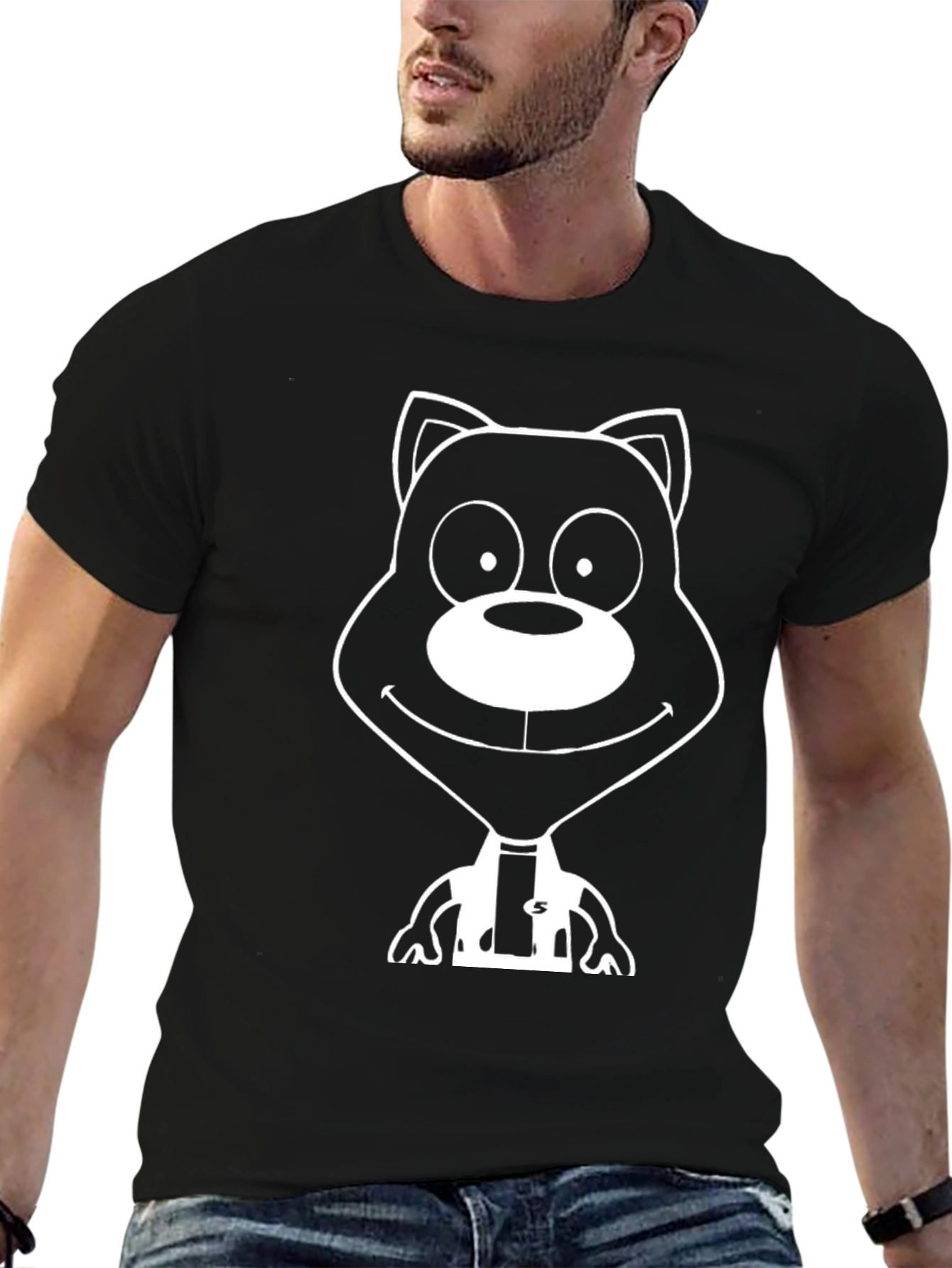 Cartoon Bear Graphic Tee - Black Cotton T-Shirt