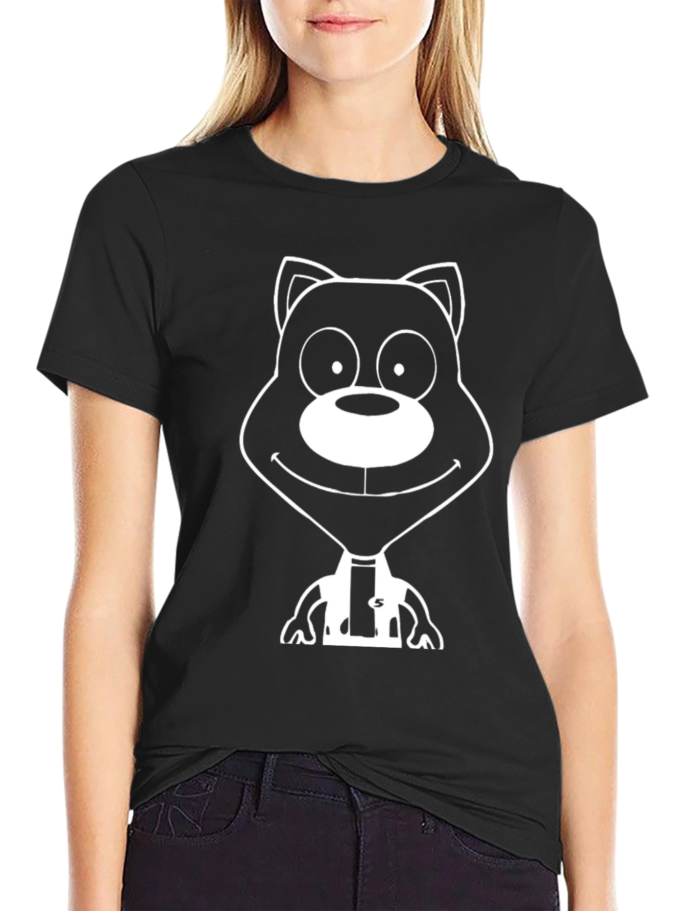 Cartoon Bear Graphic Tee - Black Cotton T-Shirt