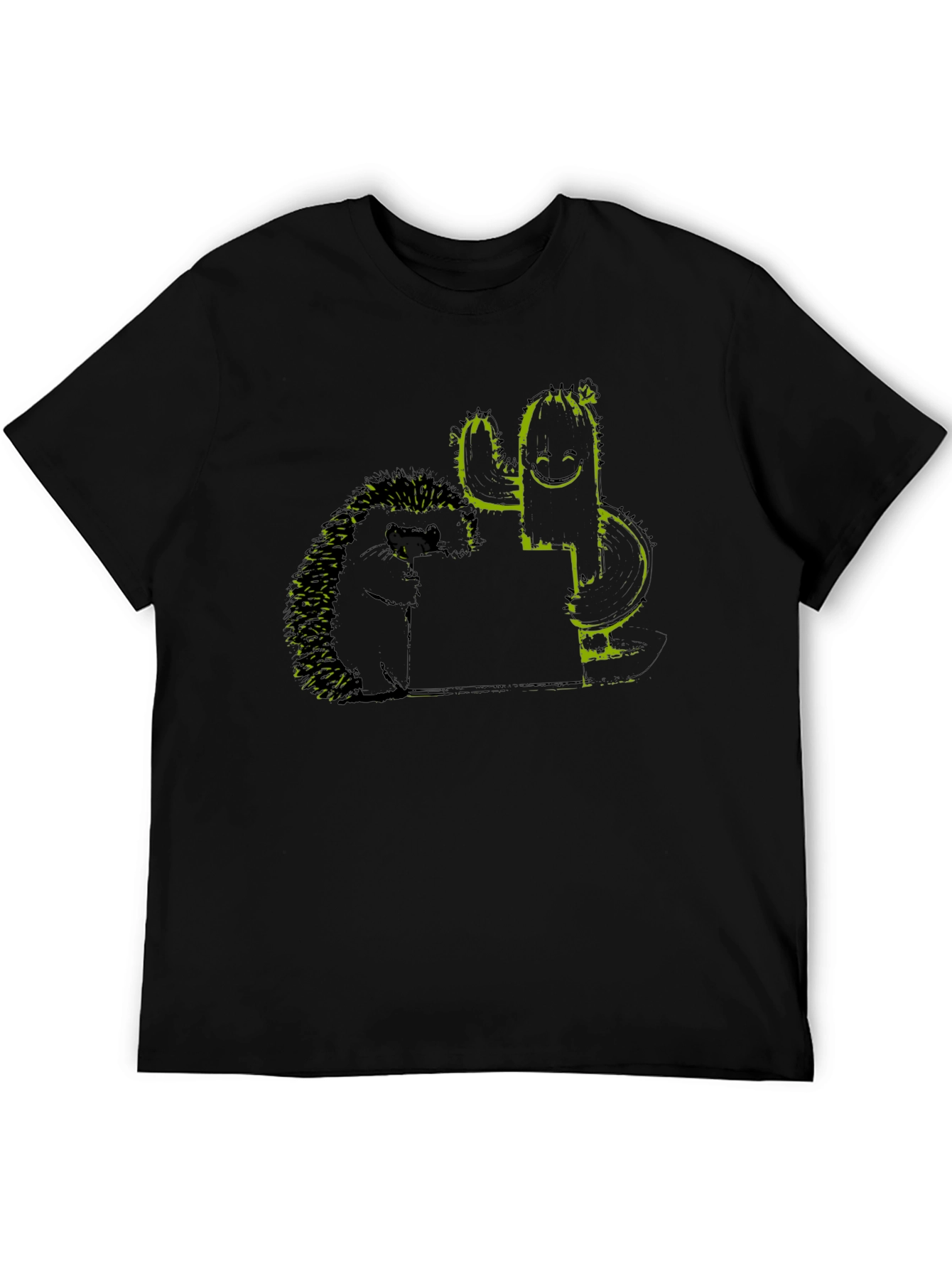Hedgehog and Cactus Graphic Black T-Shirt