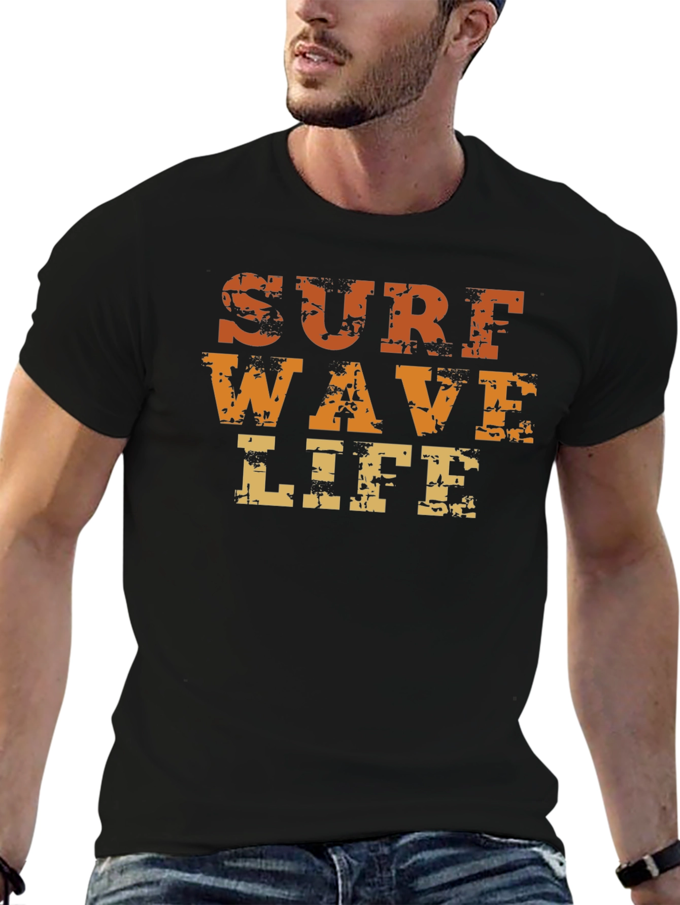 Surf Wave Life Graphic Print Black T-Shirt