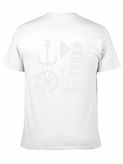 Nautical Theme Mens Black T-Shirt: Anchor Lighthouse Fish