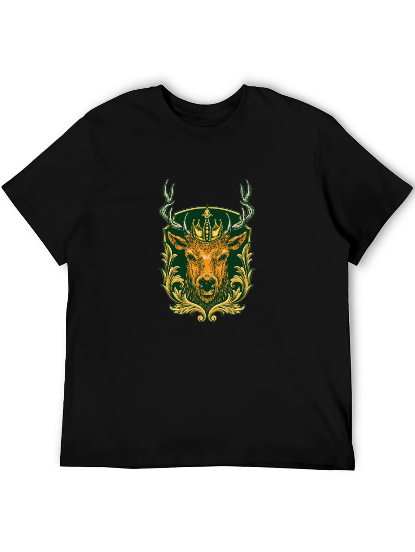 Mens Black Tee with Deer & Crown Graphic