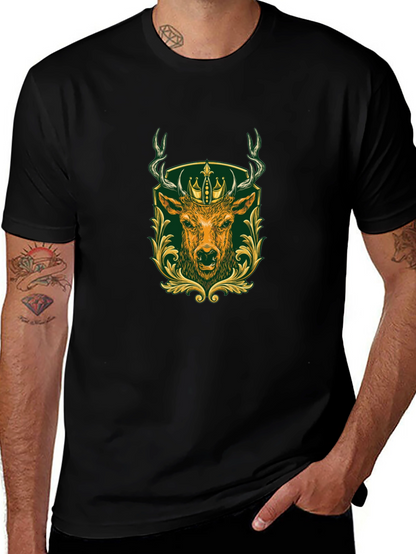 Mens Black Tee with Deer & Crown Graphic