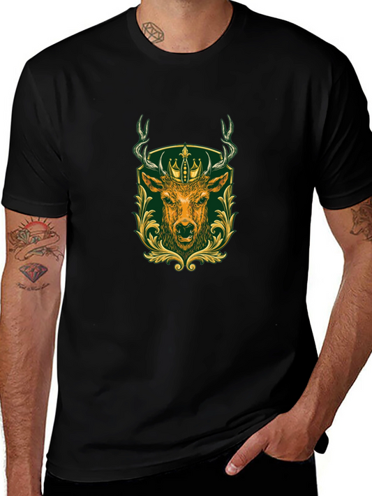 Mens Black Tee with Deer & Crown Graphic