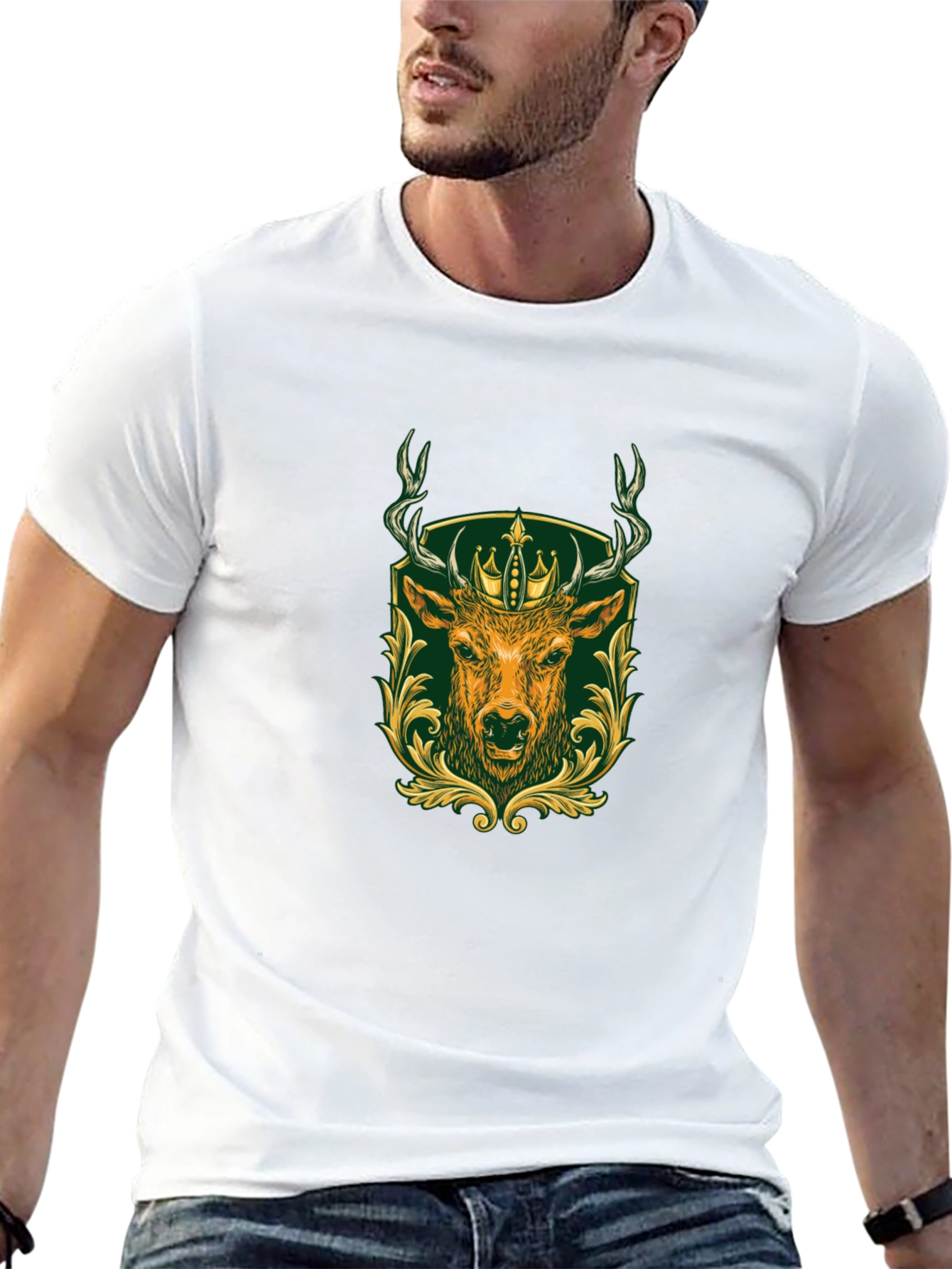 Mens Black Tee with Deer & Crown Graphic
