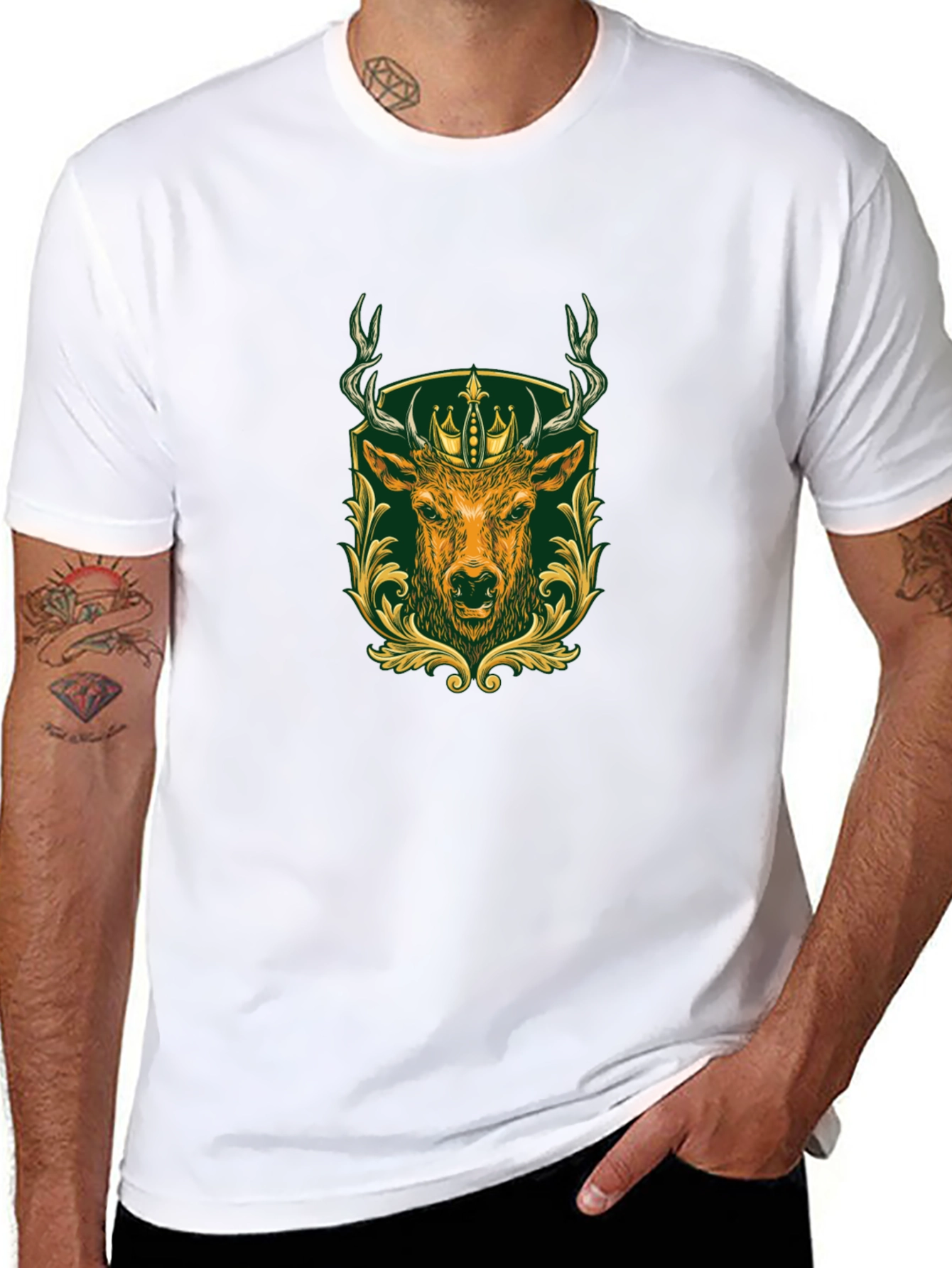 Mens Black Tee with Deer & Crown Graphic