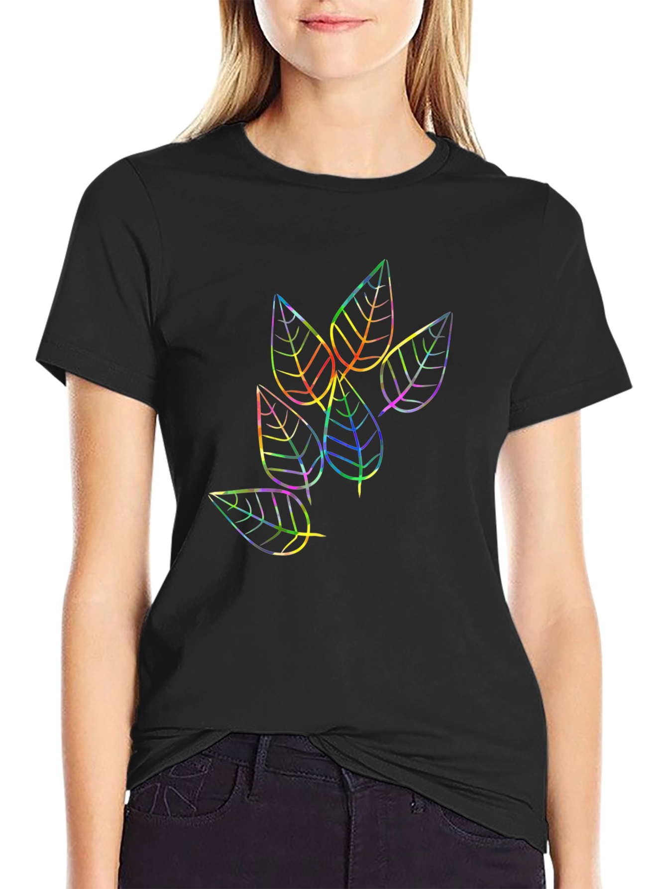 Rainbow Leaf Design Black T-Shirt