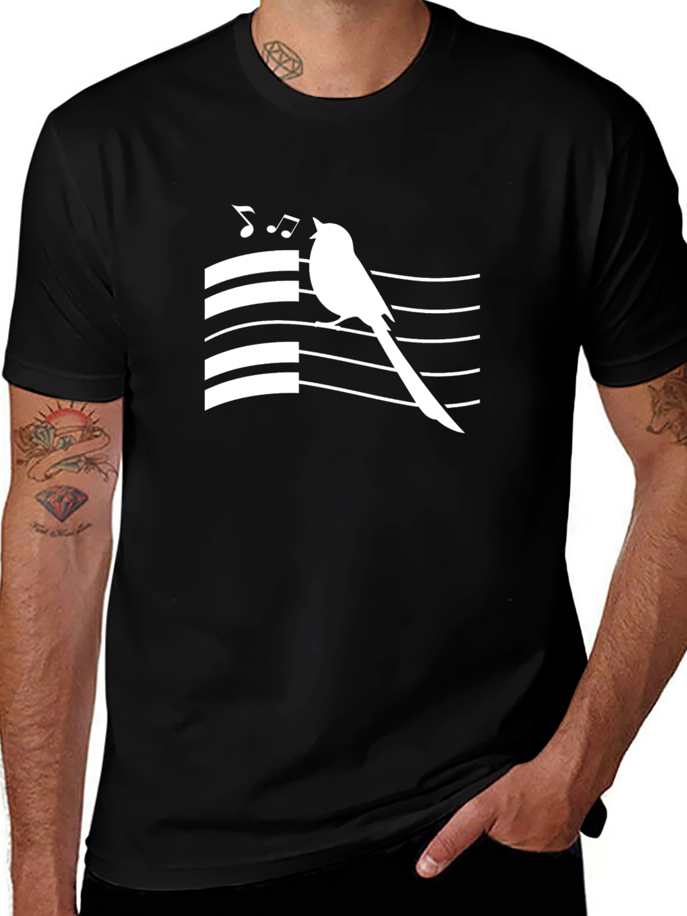 Singing Bird Graphic Tee - Black Cotton T-Shirt