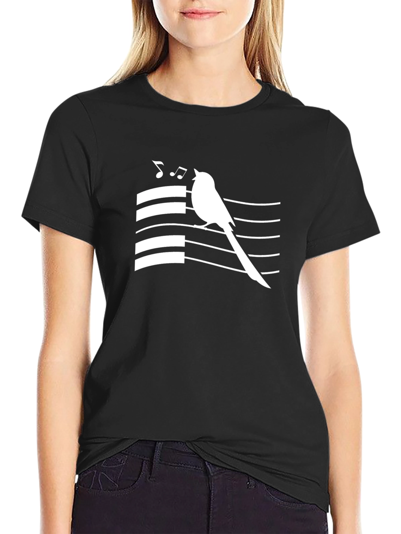 Singing Bird Graphic Tee - Black Cotton T-Shirt
