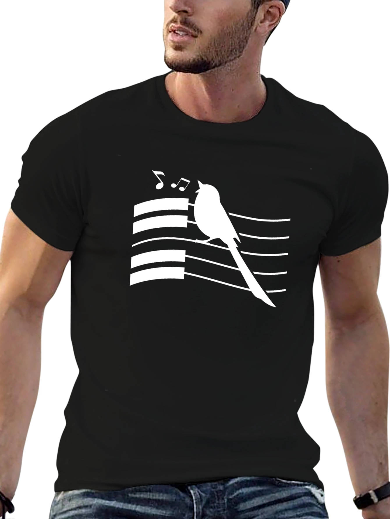 Singing Bird Graphic Tee - Black Cotton T-Shirt