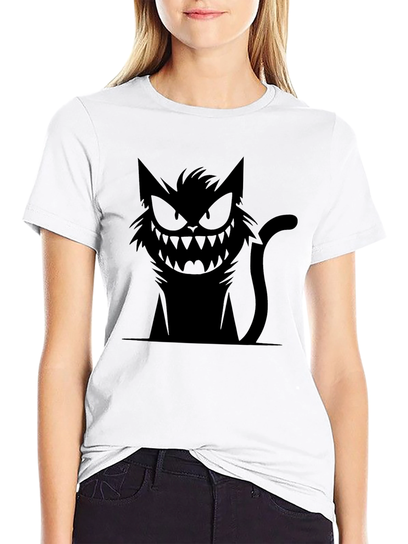 Mens Black T-Shirt with Spooky Cat Graphic