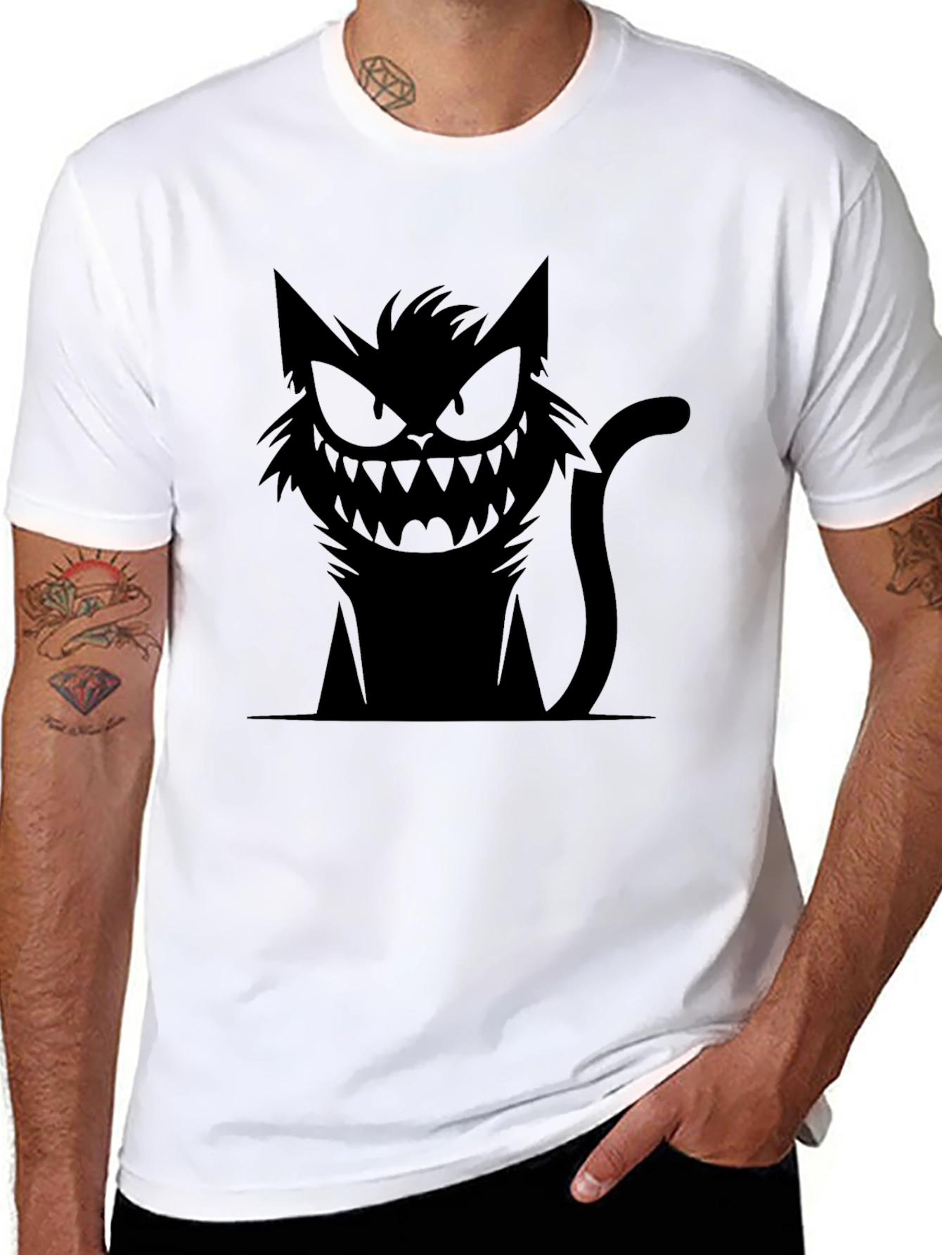 Mens Black T-Shirt with Spooky Cat Graphic