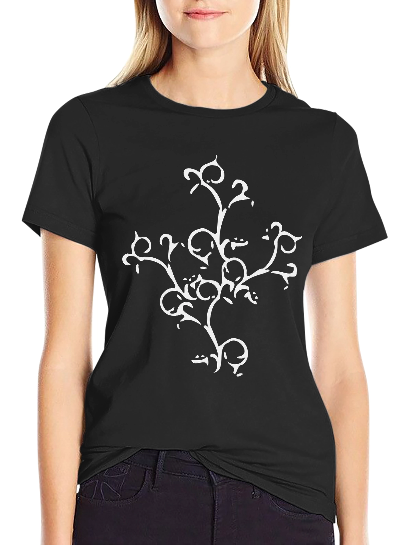 Black T-Shirt with White Botanical Design