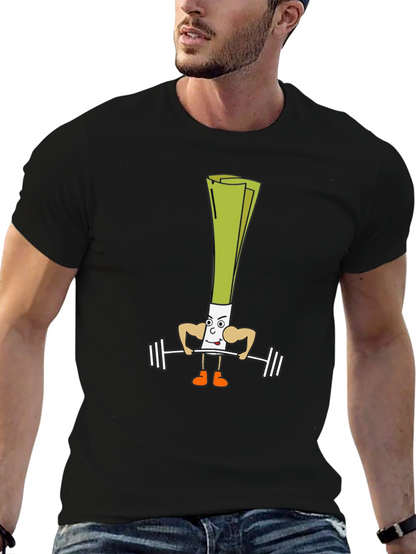 Leek Lifting Weights Cartoon Black T-Shirt