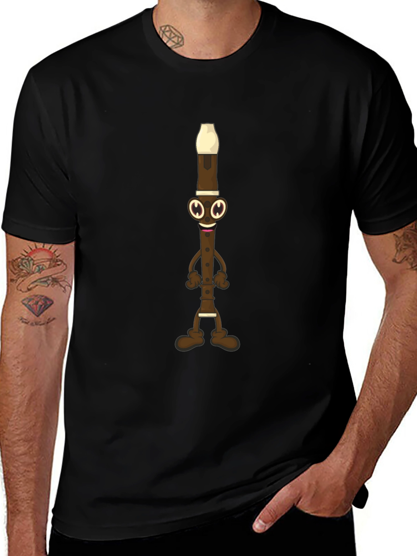 Funny Flute Cartoon Graphic Tee - Black Cotton