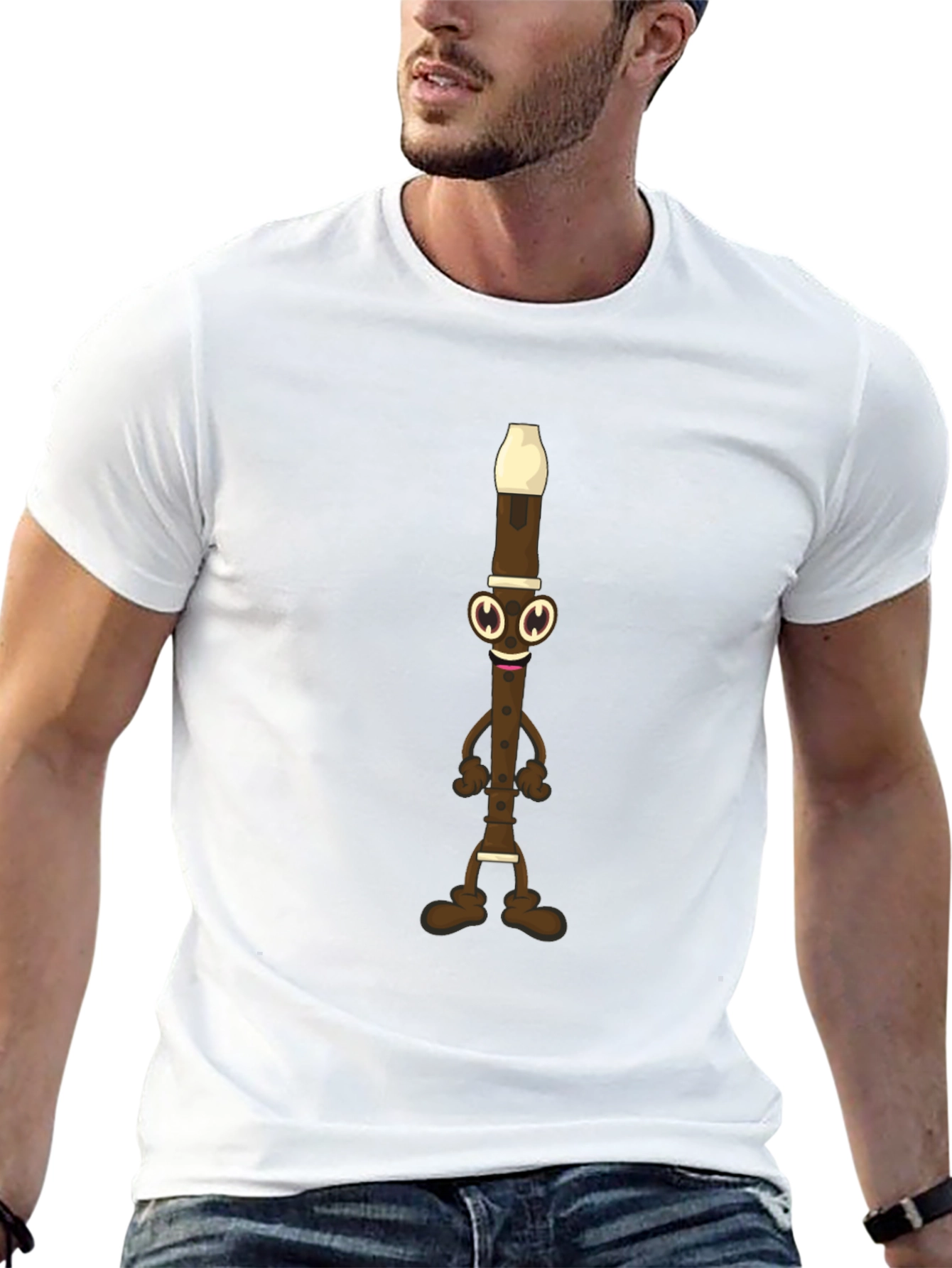 Funny Flute Cartoon Graphic Tee - Black Cotton