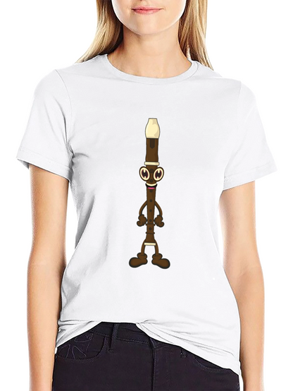 Funny Flute Cartoon Graphic Tee - Black Cotton