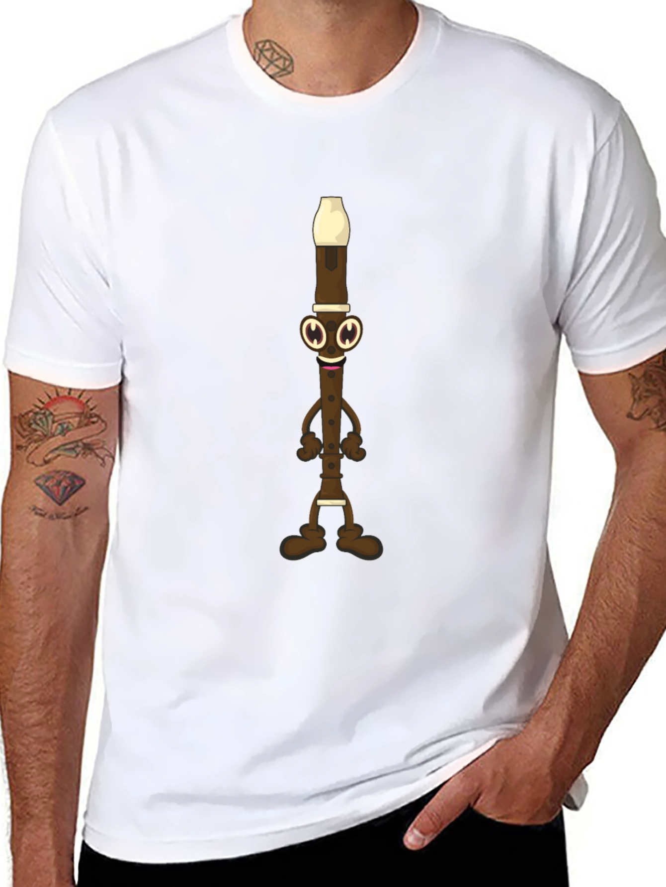 Funny Flute Cartoon Graphic Tee - Black Cotton