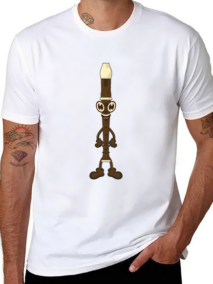 Funny Flute Cartoon Graphic Tee - Black Cotton