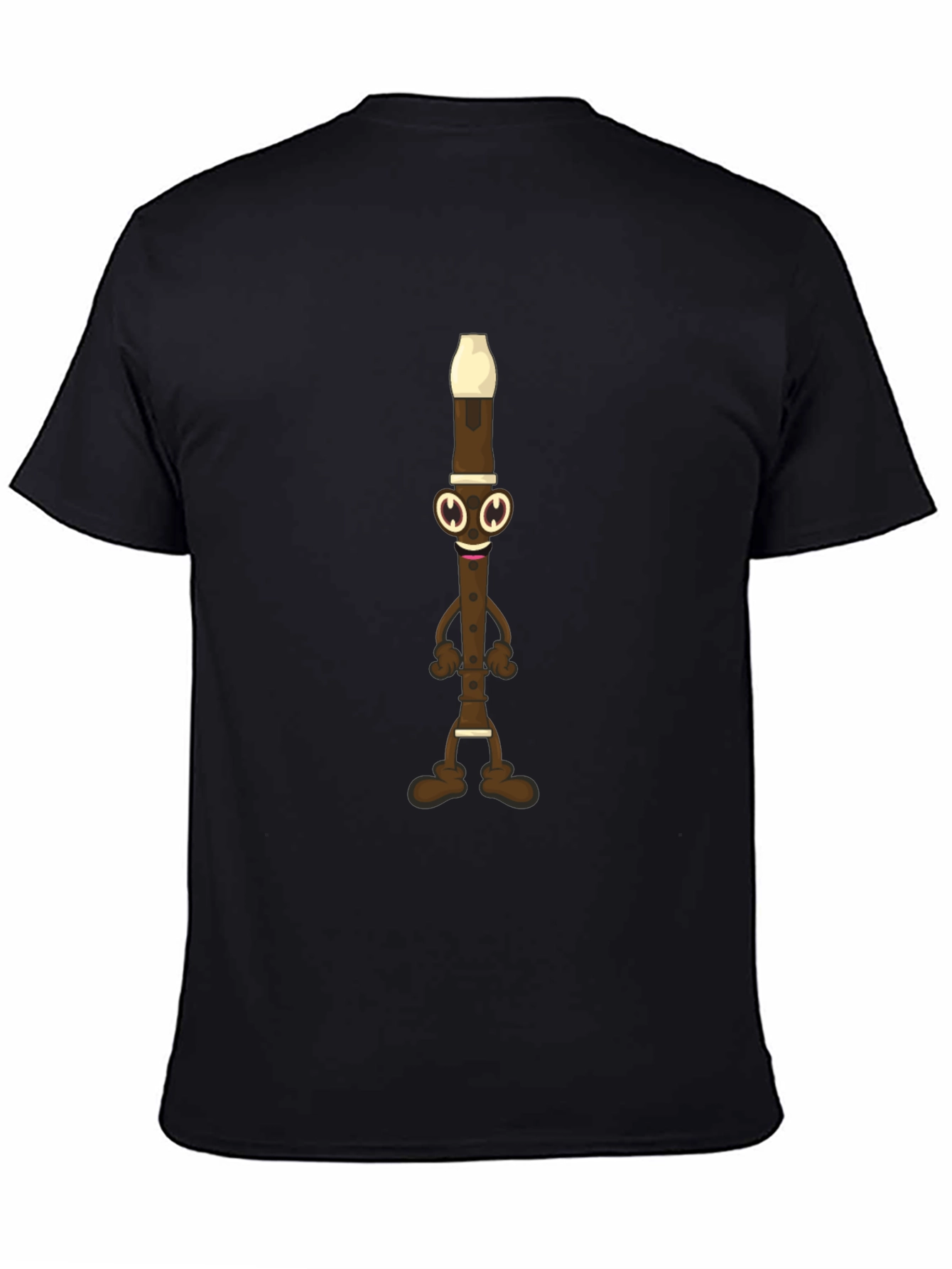 Funny Flute Cartoon Graphic Tee - Black Cotton